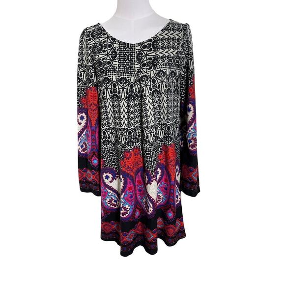 Y2K Boho Paisley Tunic Dress L Black Red Purple Long Sleeve Empire Waist Retro - Picture 1 of 11